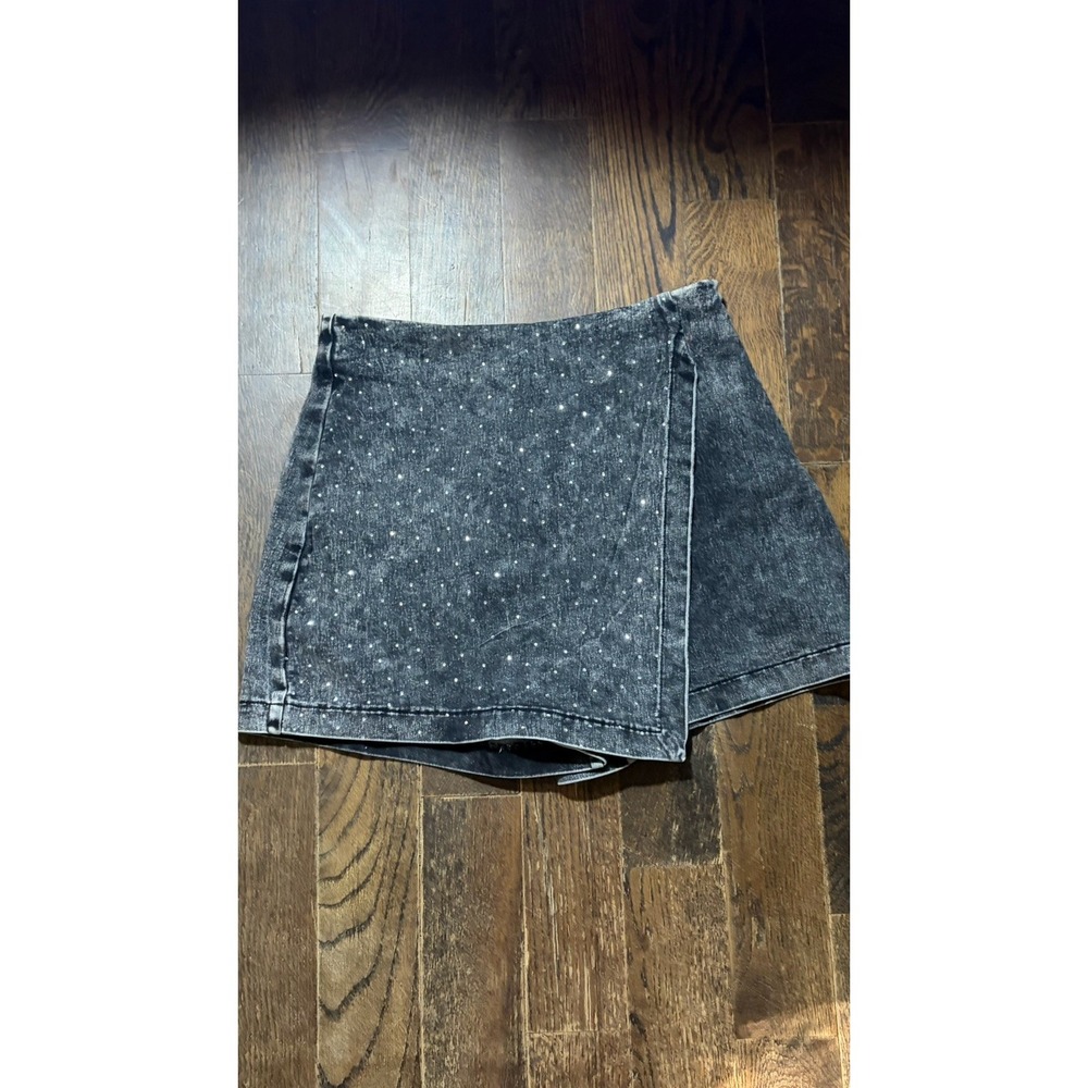 Flying Tomato washed black denim skort wrap front design Large Rhinestones